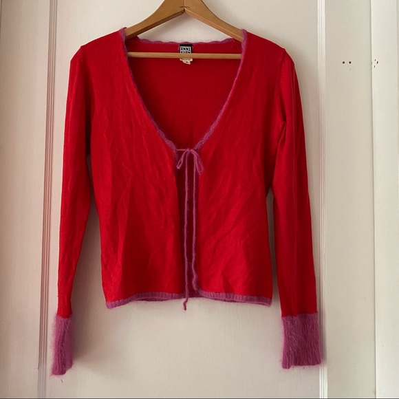 Vintage Anni Kuan Flirty Red Cardigan Sweater Silk/Cashmere with Angora Trim - Picture 4 of 9